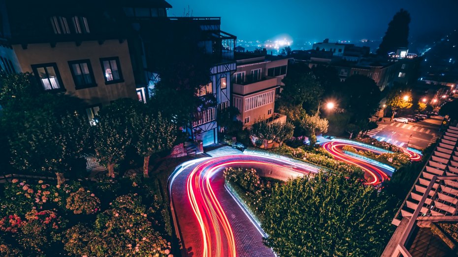 旧金山伦巴第街夜晚 灯光光轨 夜景壁纸