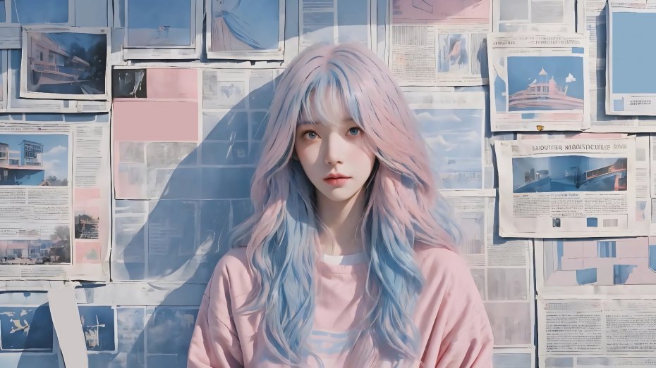 报纸 ǽ 粉红蓝色长头发少女4k动漫壁纸