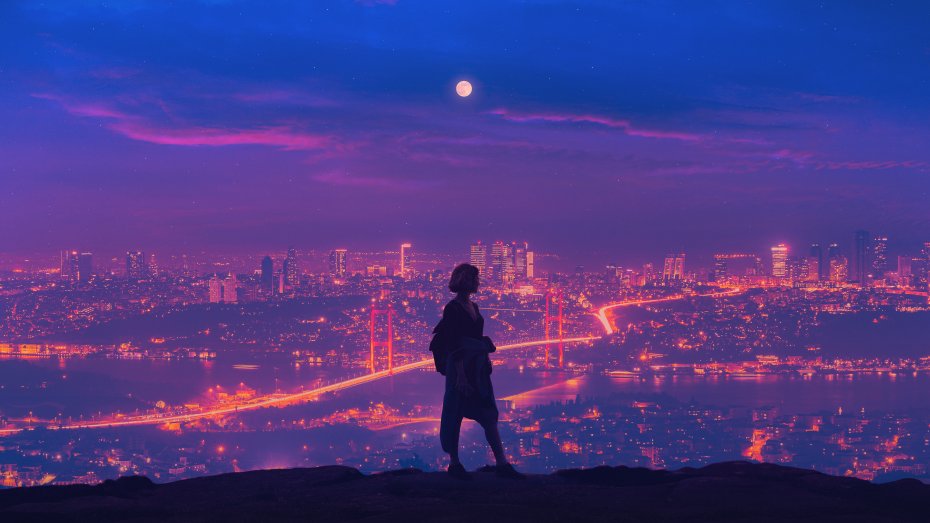 城市景观 夜晚月亮 女人站 摄影风景壁纸