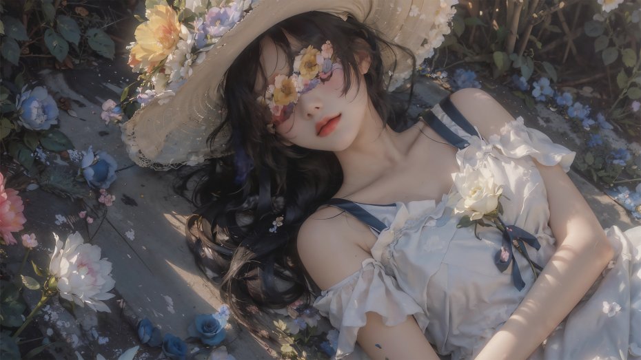 动漫美女 鲜花 帽子 唯美 好看