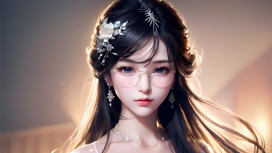 戴眼镜的美女 长发 耳环 项链 动漫