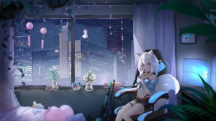 猫耳女孩 雨夜 动漫壁纸