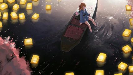 女孩背靠小狗 船上 浪漫花瓣