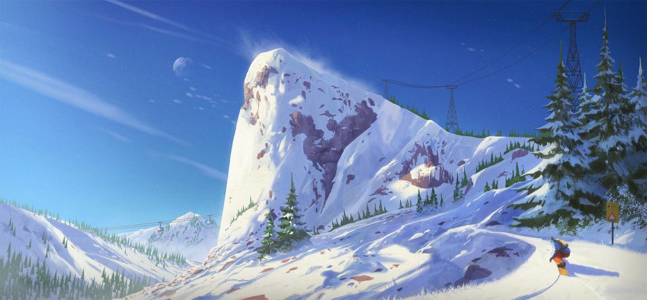 原创雪山缆车滑雪者冬季场景壁纸