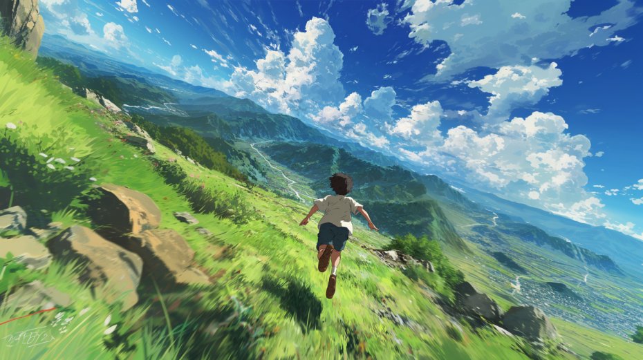 新海诚风格男孩青山奔跑动漫风景壁纸