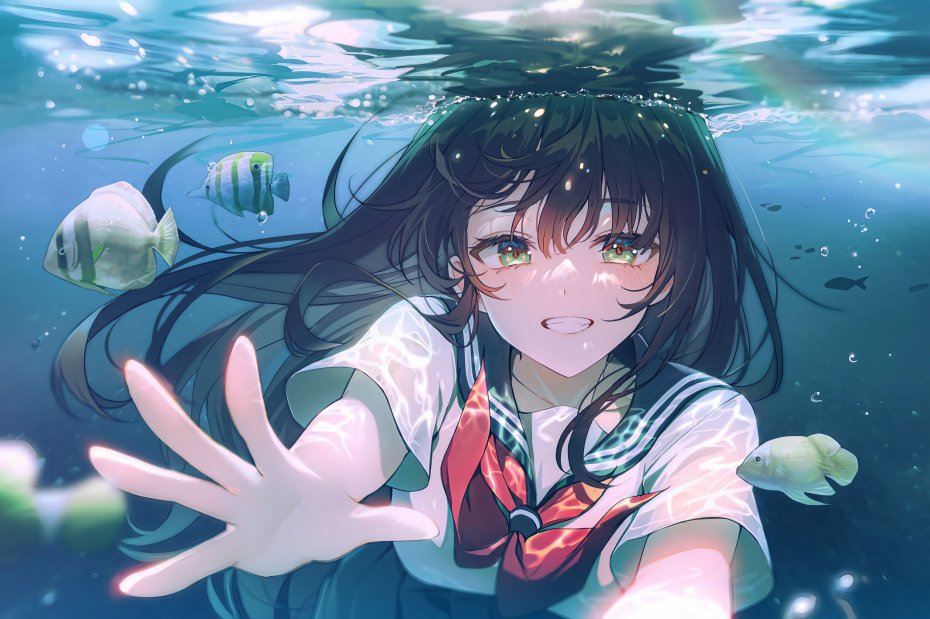 原创水下长发女孩与鱼儿互动动漫壁纸