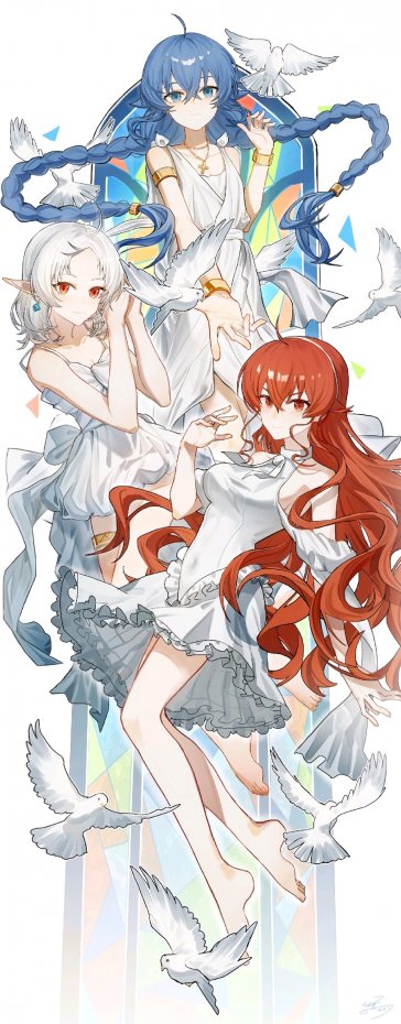 原创白鸽环绕三位白衣少女动漫插画