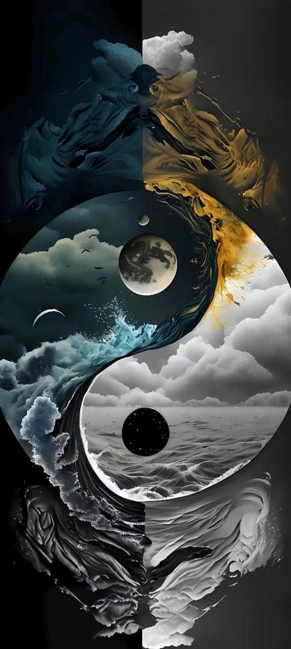 原创太极元素海浪与日月艺术插画