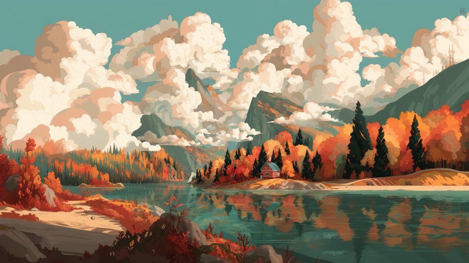 秋日山水小屋插画壁纸
