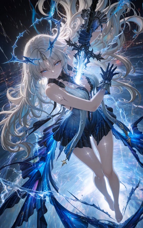 蓝发持剑少女动漫插画