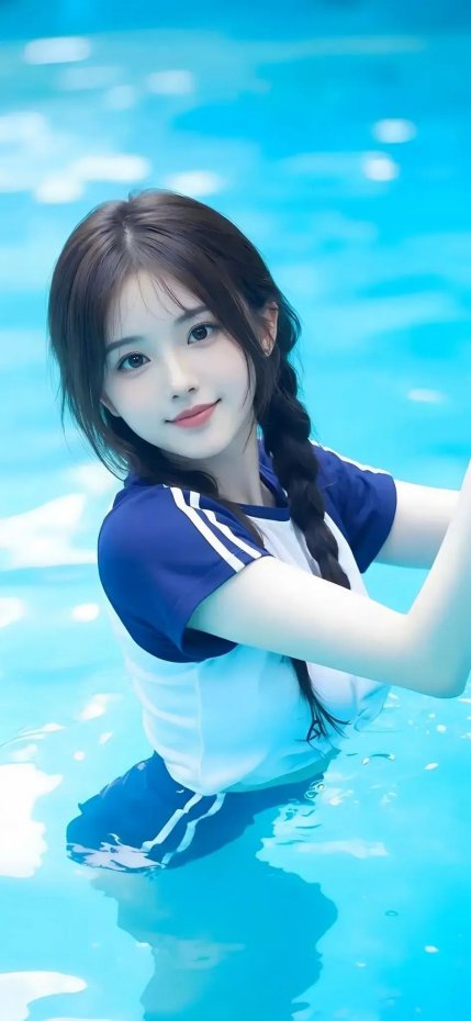 泳池里穿蓝白泳衣的少女