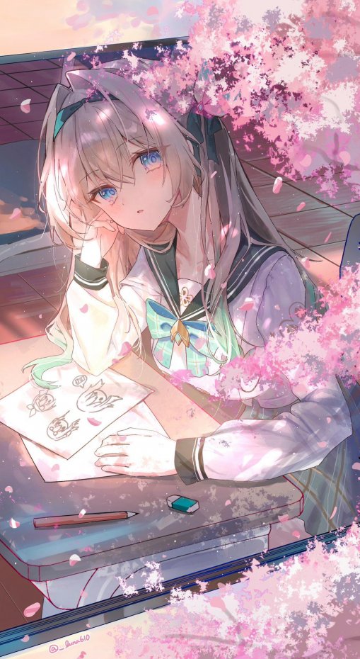 樱花树下画稿的校服少女动漫插画