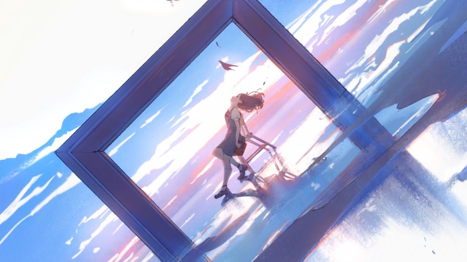 方框与天空下少女动漫插画