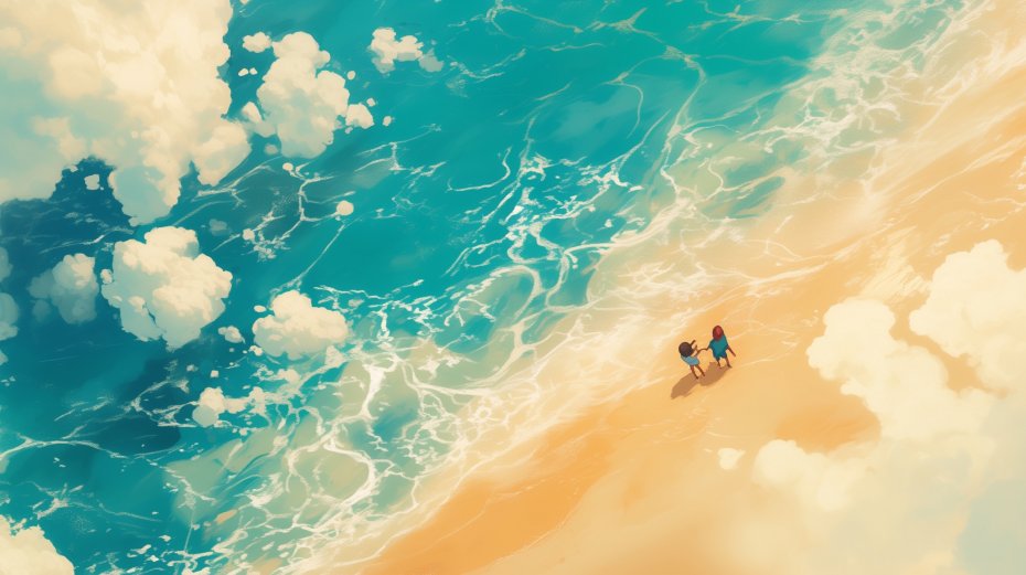 海边孩童牵手动漫插画