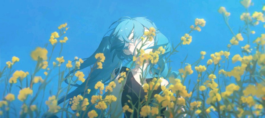 蓝发少女与黄色花海动漫插画