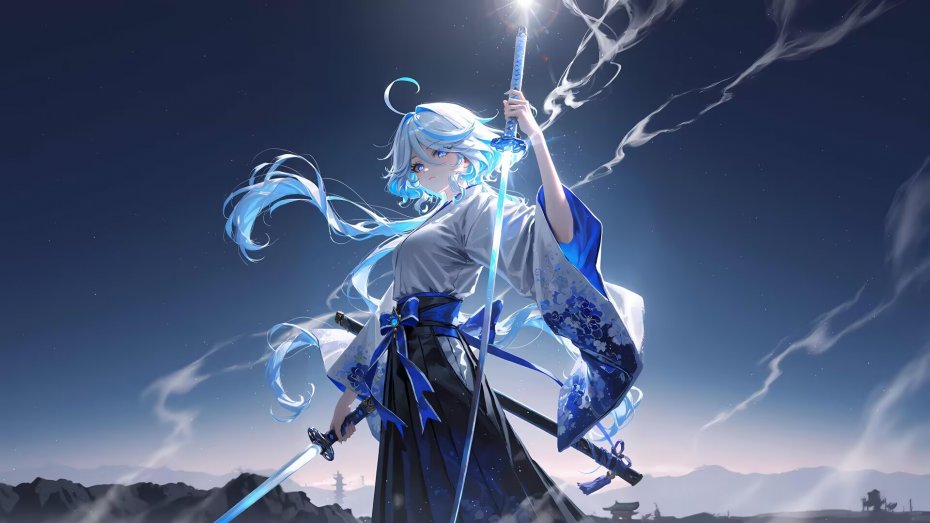 持双剑蓝发少女动漫插画