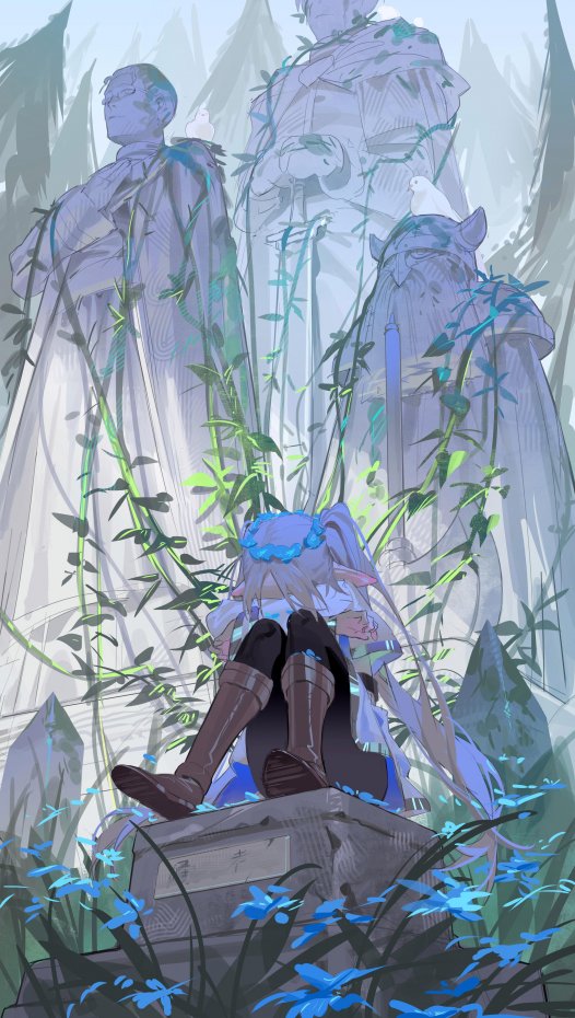 森林雕像前蓝发少女插画