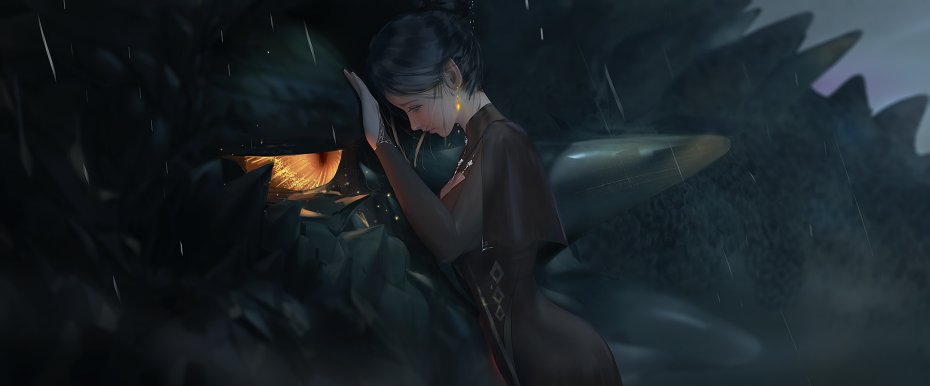 2D 龙 雨夜 女孩插画壁纸