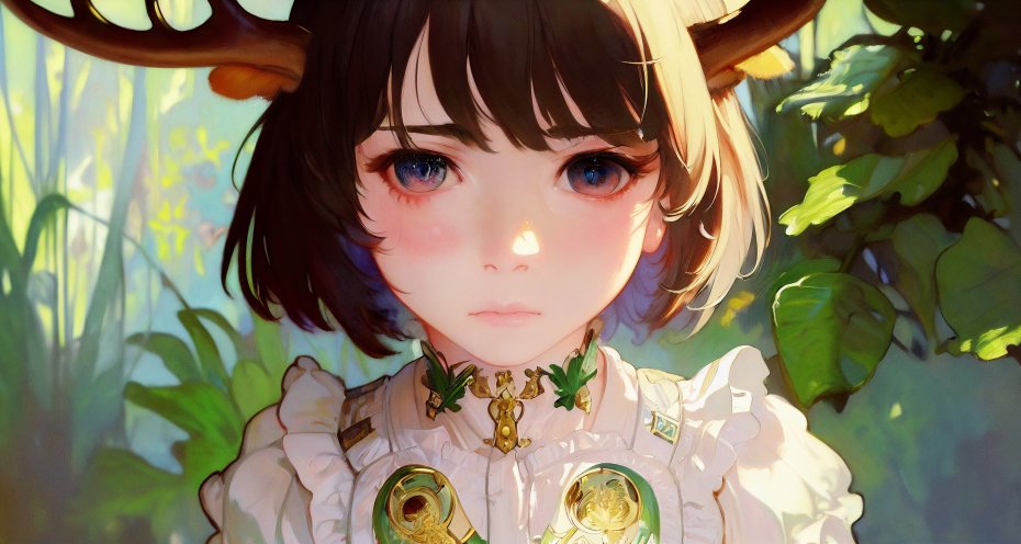AI  女孩鹿角  叶子 幻想女孩短发壁纸