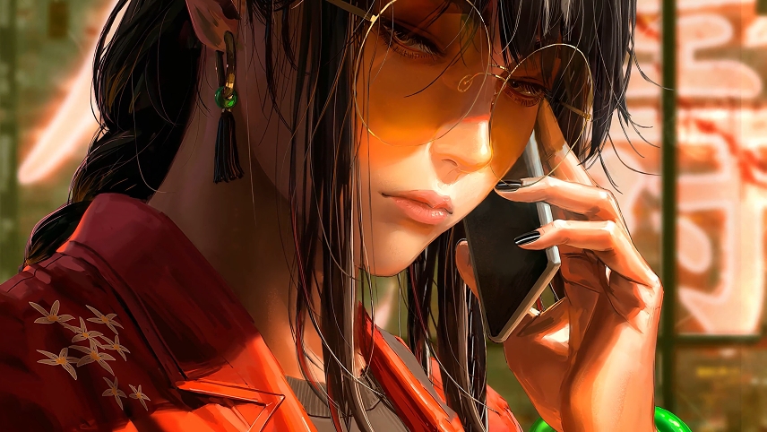 戴眼镜的女孩打电话动态壁纸