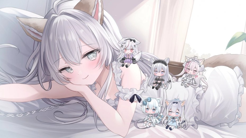 兽耳娘与 Q 版小人躺卧壁纸