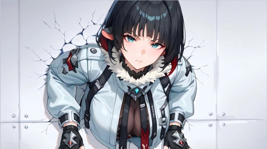 短发黑衣红挑染少女破墙插画壁纸