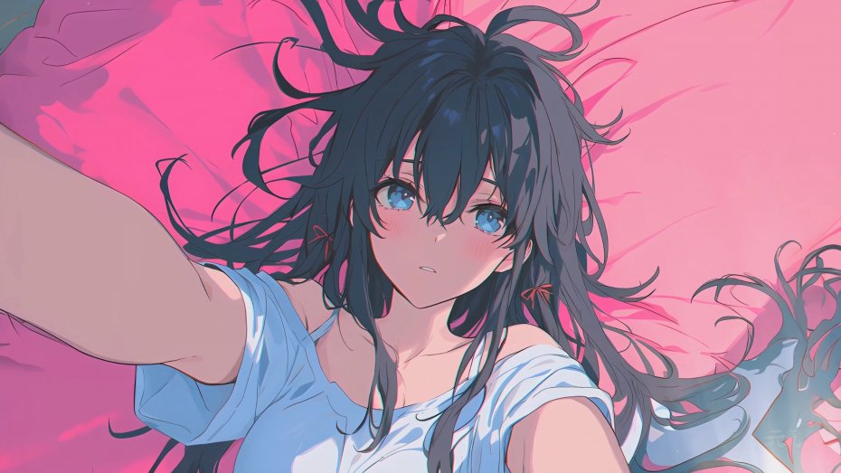 居家黑发少女自拍插画壁纸