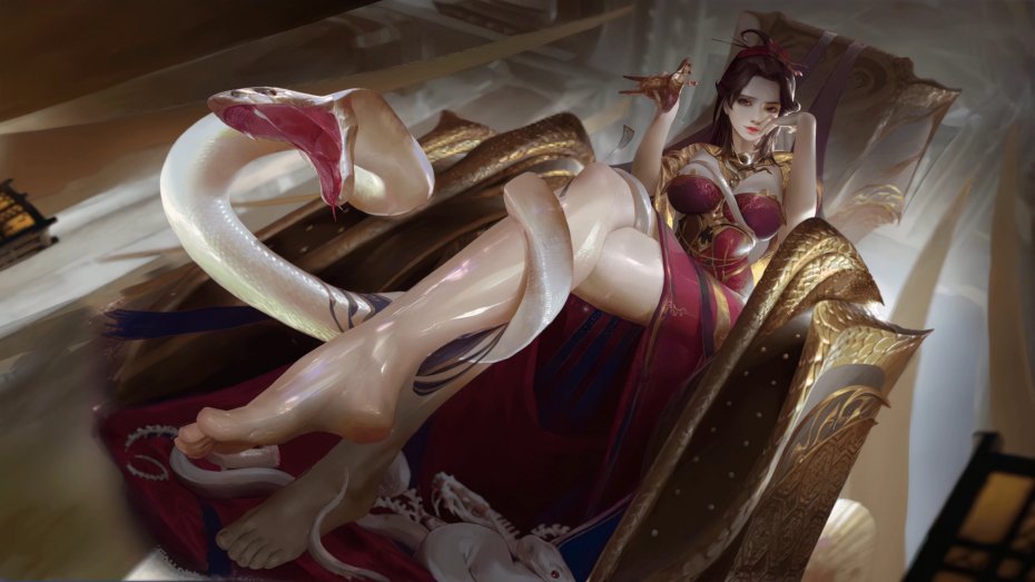 古风白衣红纹女子与白蛇插画壁纸