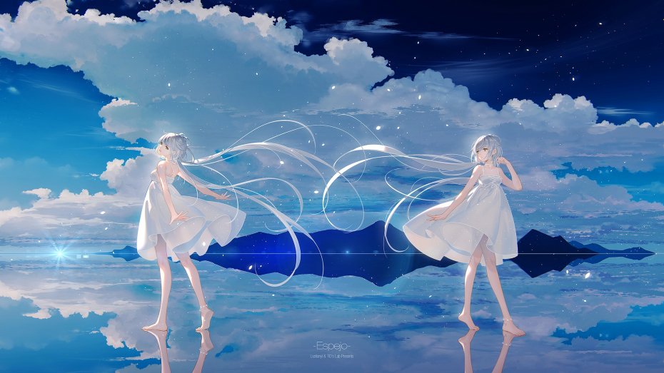 双生白衣少女云端漫步壁纸