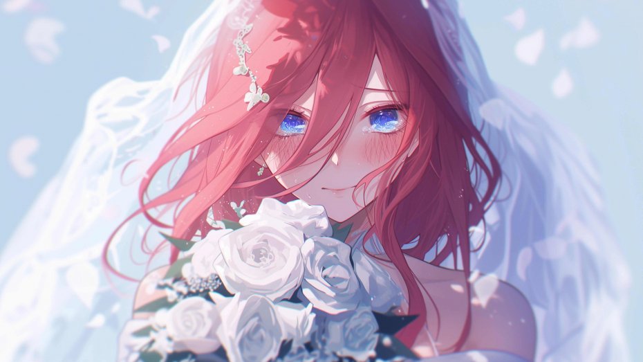 红发婚纱少女捧花壁纸