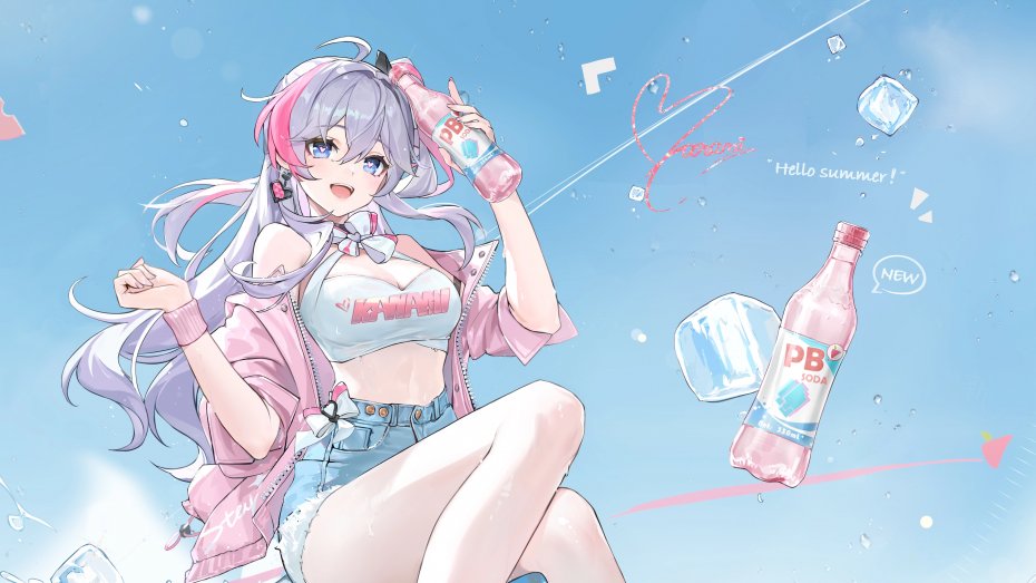 粉发少女夏日汽水主题插画壁纸