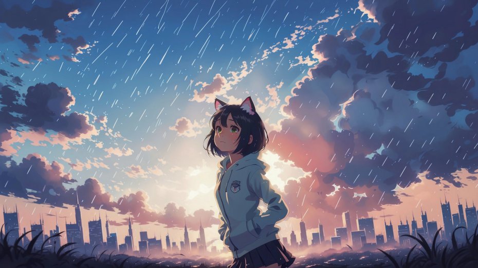 雨中猫耳少女与城市天际线动漫壁纸