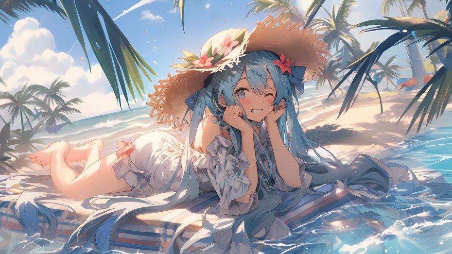 蓝发少女海滨度假插画壁纸