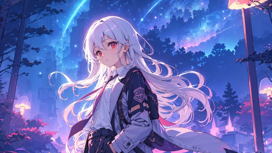 幻夜都市前的白发红眸少女动漫壁纸