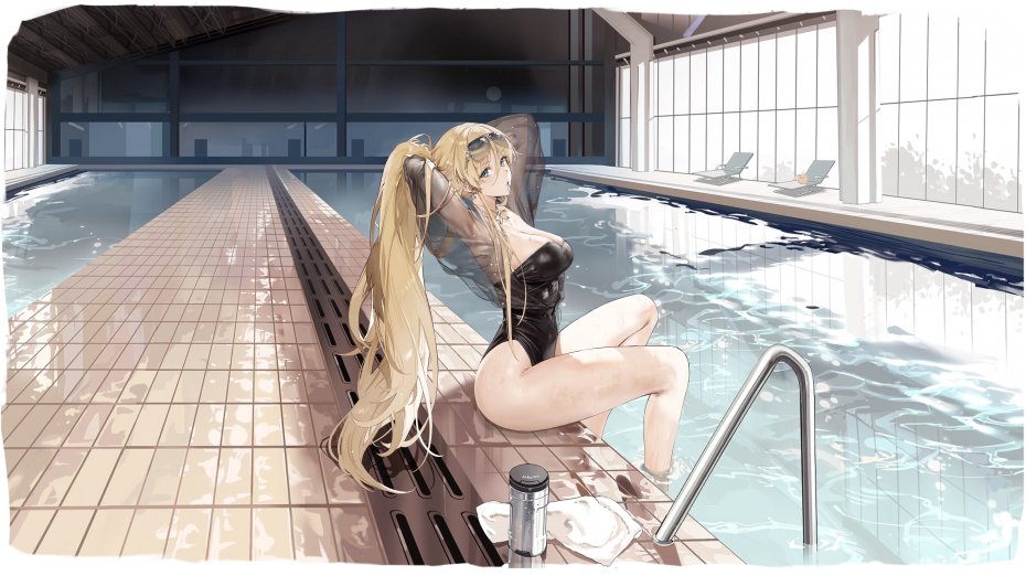泳池边黑金泳衣少女壁纸