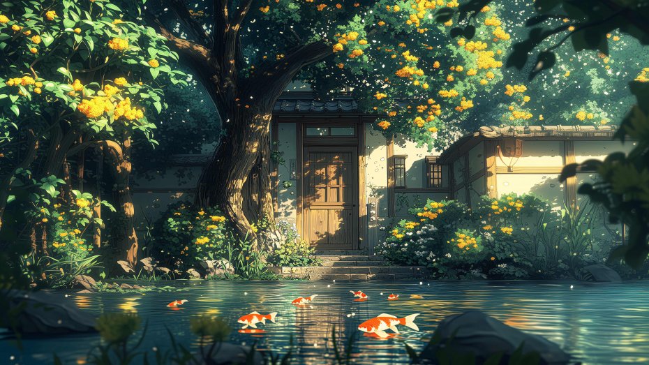 中式建筑 庭院水景 唯美动漫壁纸
