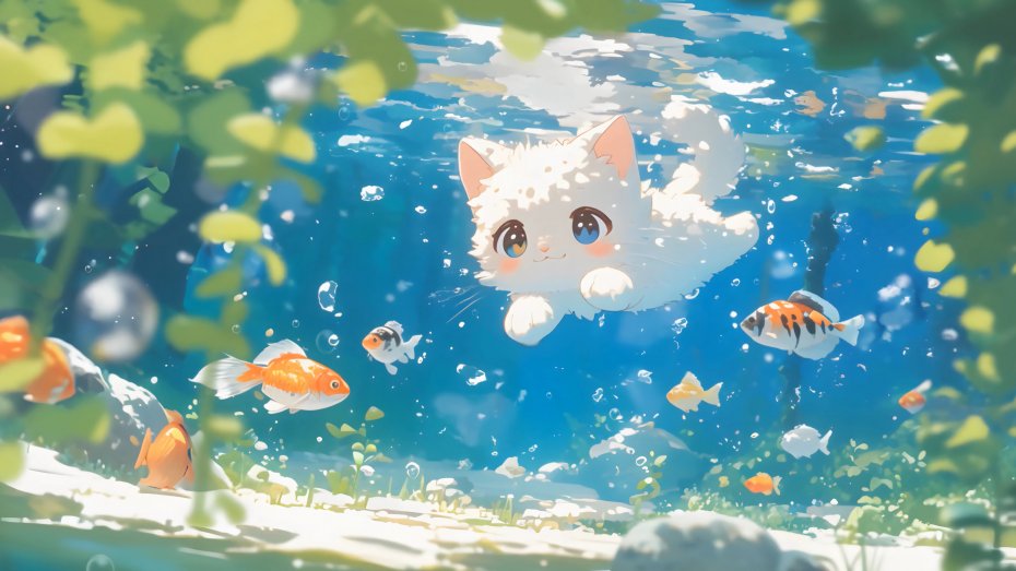 治愈 游泳 猫 可爱插画壁纸