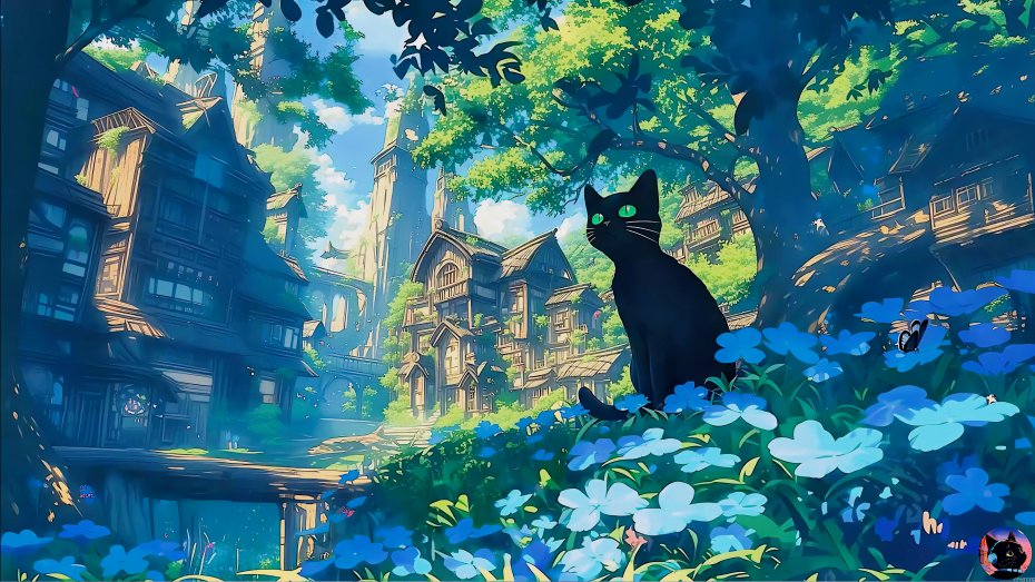 治愈 黑猫 城镇 鲜花插画壁纸