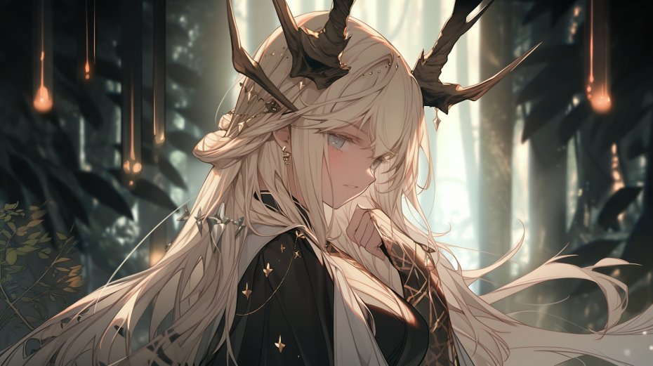牛角造型 金发灰眼长发 AI 动漫少女壁纸