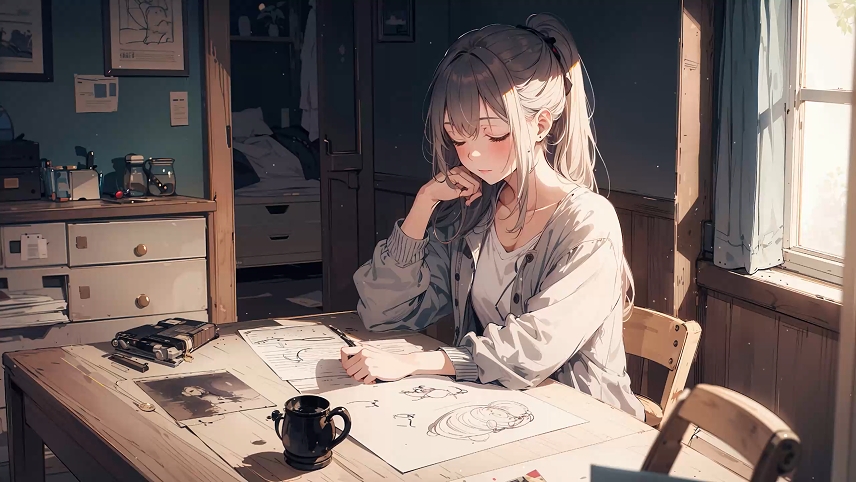 动漫女孩打瞌睡