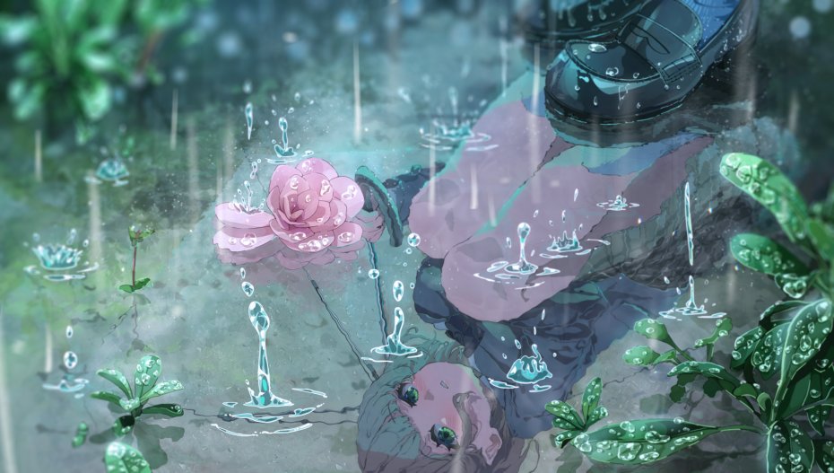 在雨中，路上，半蹲在地上的动漫小女孩倒影场景壁纸图片