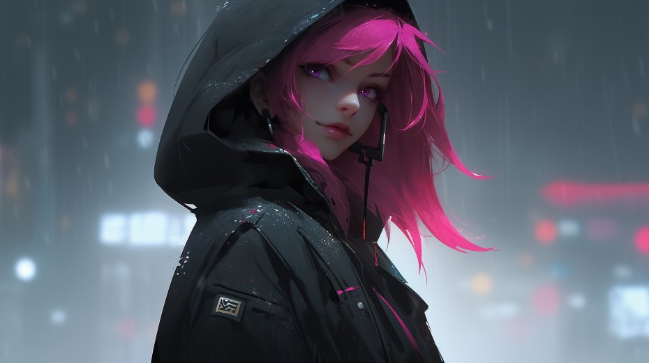 在雨中，穿着黑色防风衣，带帽外套的红色发型AI动漫少女侧脸壁纸图片