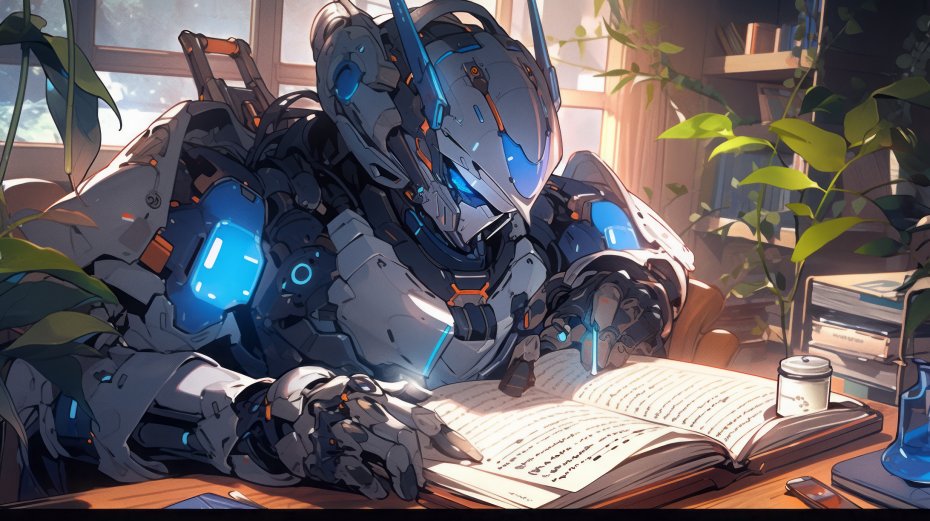 在桌上翻阅笔记资料的机器人科幻桌面壁纸图片