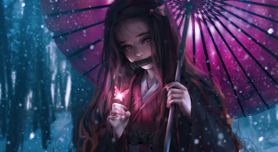 灶门祢豆子和蝴蝶，下雪天，撑着伞走在树林中的祢豆子超高清桌面壁纸图片