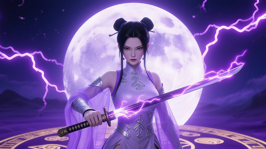 紫月闪电女剑客玄幻风电脑壁纸