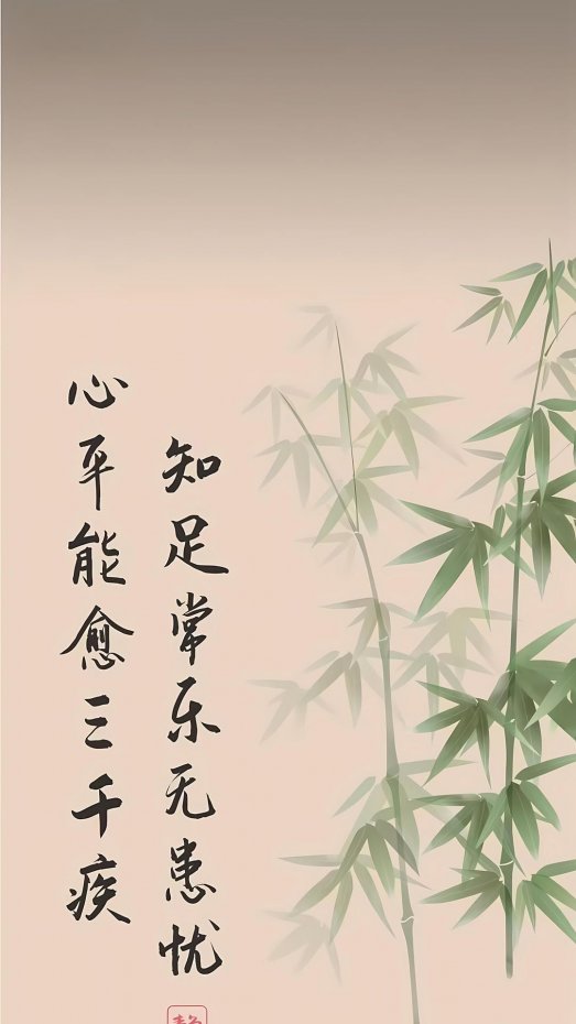 “知足常乐无患忧，心平能愈三千疾” 书法竹影风手机壁纸