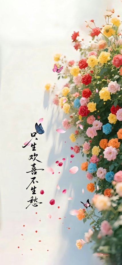 “只生欢喜不生愁” 文字花簇风手机壁纸