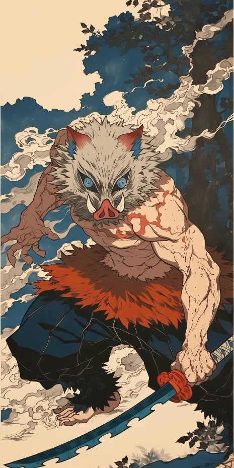 《鬼灭之刃》伊之助浮世绘风格手机壁纸