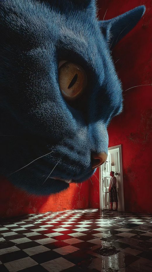 超现实蓝猫与房间场景艺术插画