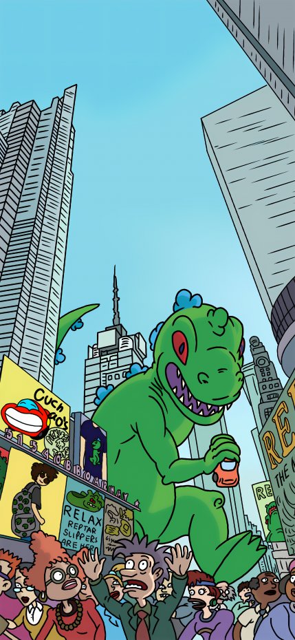 城市中绿色恐龙卡通风手机壁纸